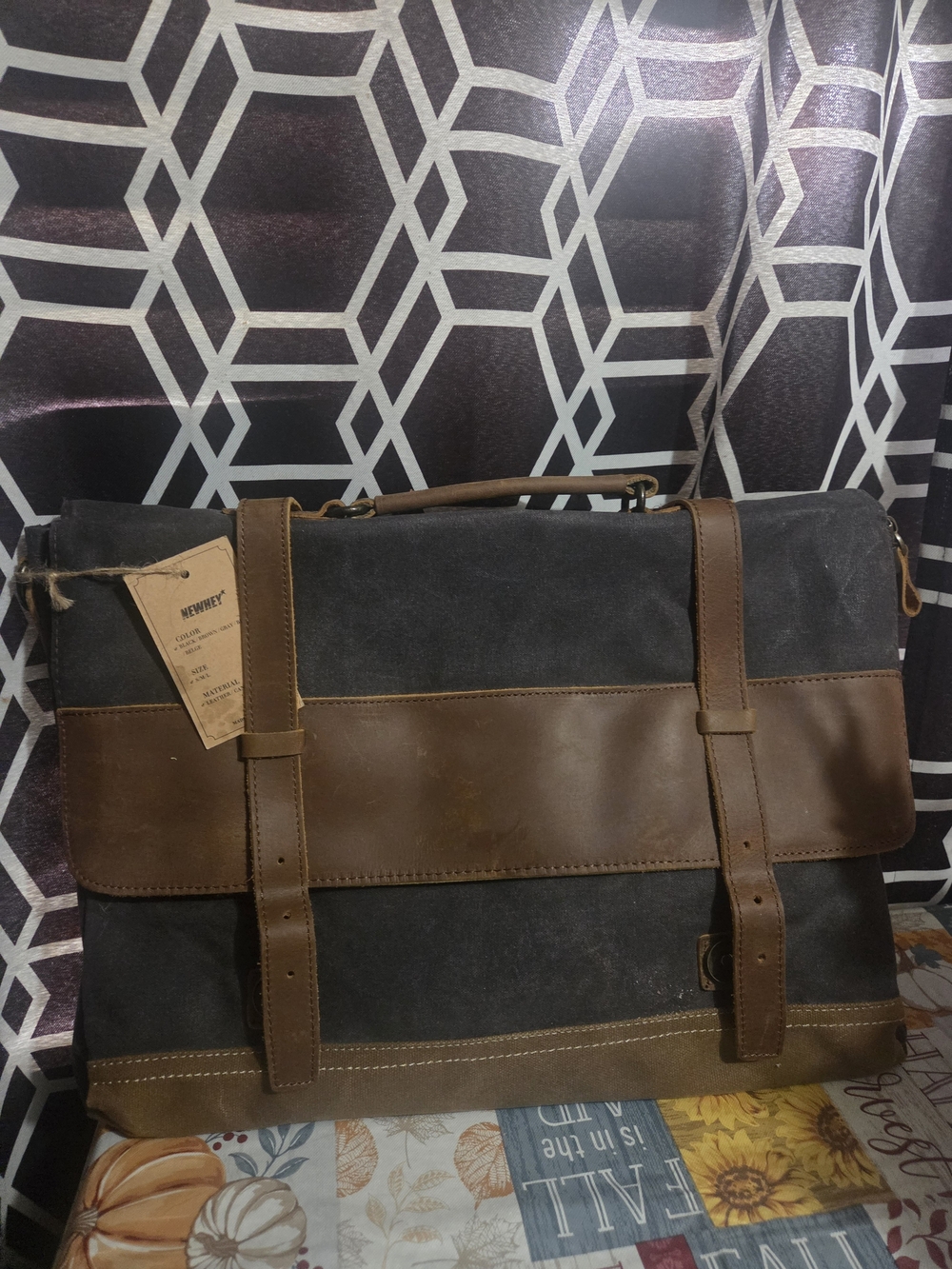 Canvas and Leather Messenger Bag in Black and Brown
